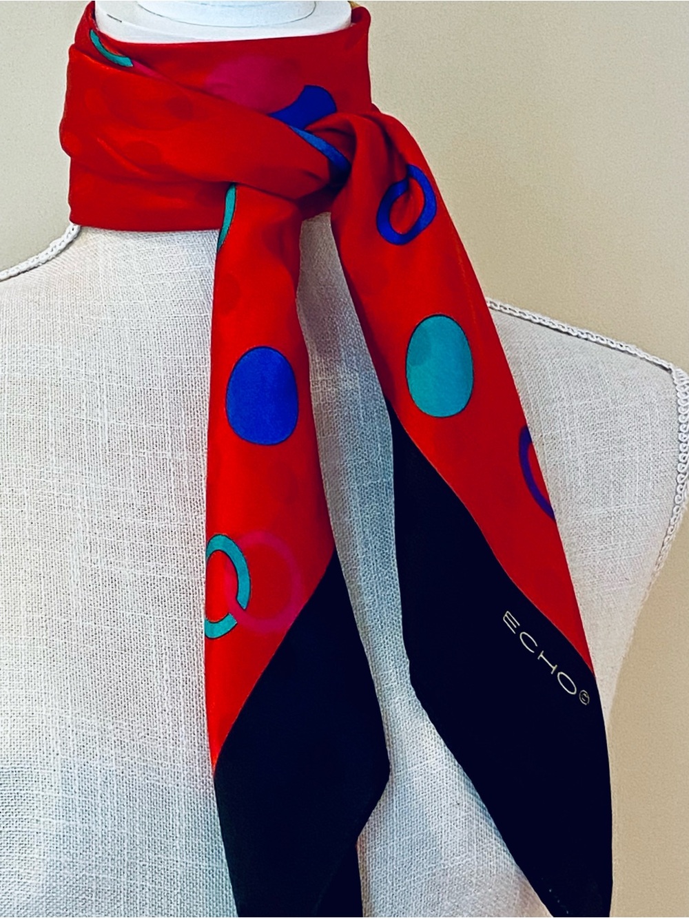 Echo Silk Scarf Vintage 80s Made in Japan Red Black